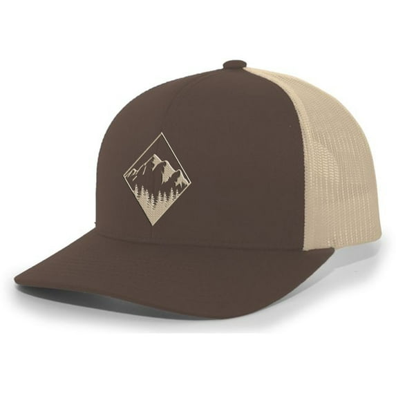 Men's Retro Geometric Diamond Mountain Outdoors Woodland Embroidered Mesh Back Trucker Hat, Brown/Khaki