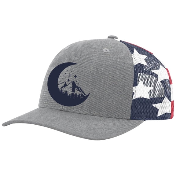 Men's Retro Geometric Mountain Moon Mountain Outdoors Woodland Embroidered Mesh Back Trucker Hat, Heather Grey/American Flag