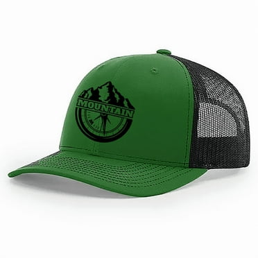 Men's Retro Mountain Compass Outdoors Woodland Embroidered Mesh Back Trucker Hat, Kelly Green/Black