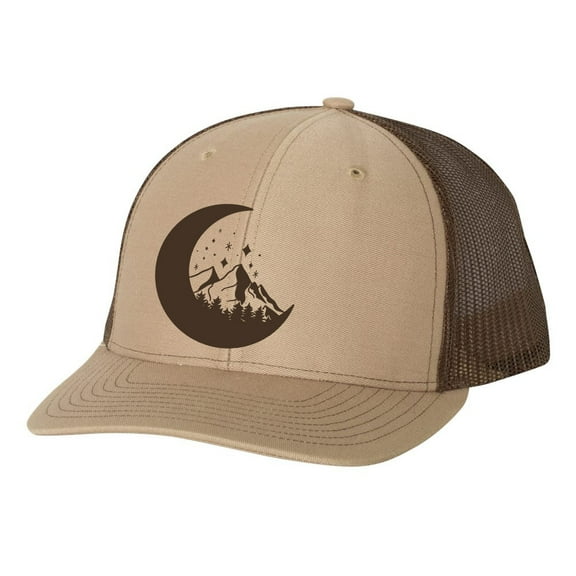 Men's Retro Geometric Mountain Moon Mountain Outdoors Woodland Embroidered Mesh Back Trucker Hat, Khaki/Brown