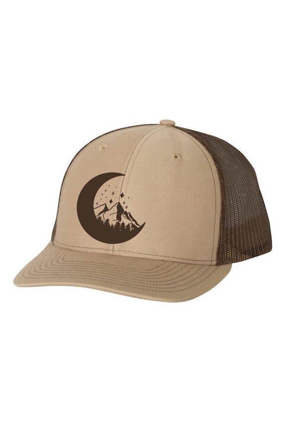 Men's Retro Geometric Mountain Moon Mountain Outdoors Woodland Embroidered Mesh Back Trucker Hat, Khaki/Brown