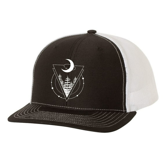 Men's Retro Geometric Scenic Moon Triangle Mountain Outdoors Woodland Embroidered Mesh Back Trucker Hat, Black/White