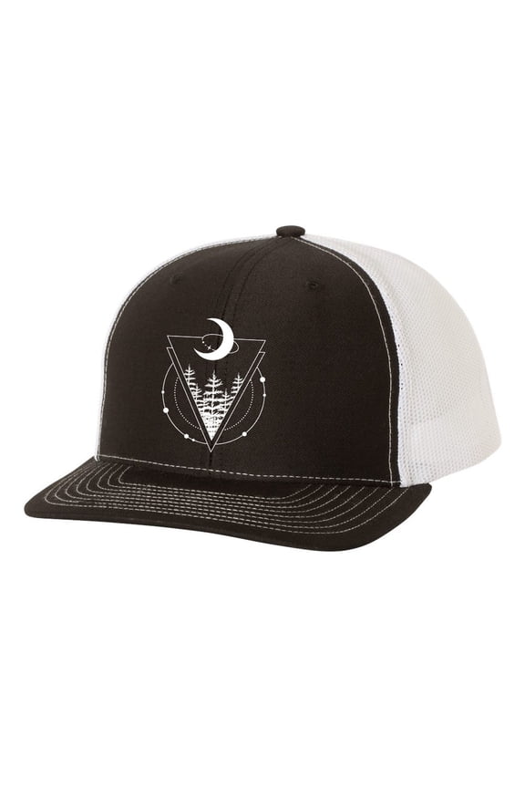 Men's Retro Geometric Scenic Moon Triangle Mountain Outdoors Woodland Embroidered Mesh Back Trucker Hat, Black/White