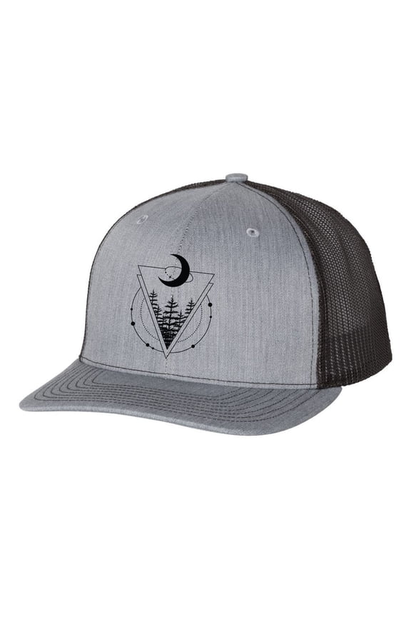 Men's Retro Geometric Scenic Moon Triangle Mountain Outdoors Woodland Embroidered Mesh Back Trucker Hat, Heather Grey/Black