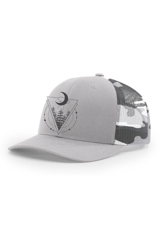 Men's Retro Geometric Scenic Moon Triangle Mountain Outdoors Woodland Embroidered Mesh Back Trucker Hat, Silver/Grey Camo