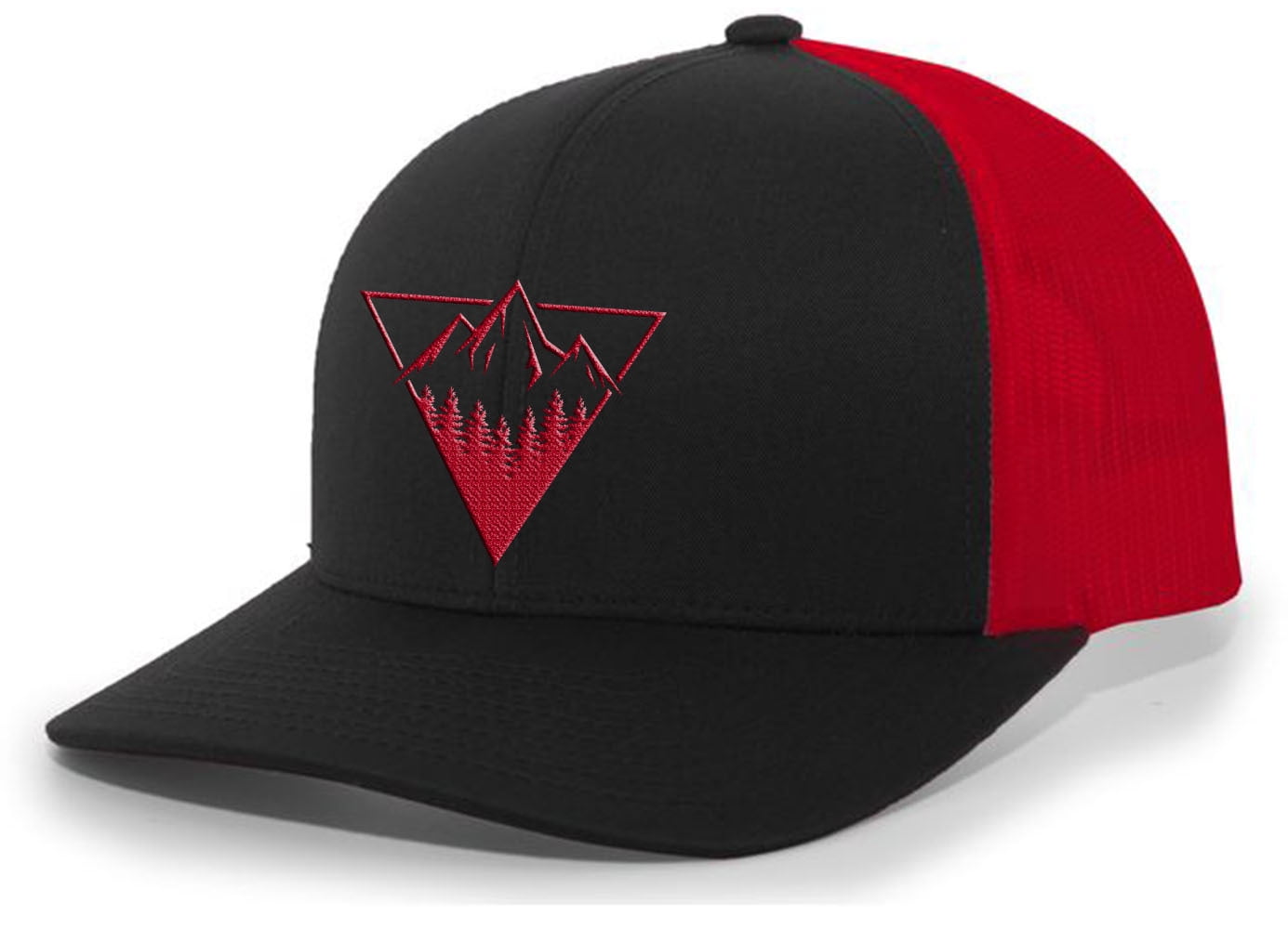 Men's Retro Geometric Triangle Mountain Outdoors Woodland Embroidered Mesh  Back Trucker Hat, Black/Black 