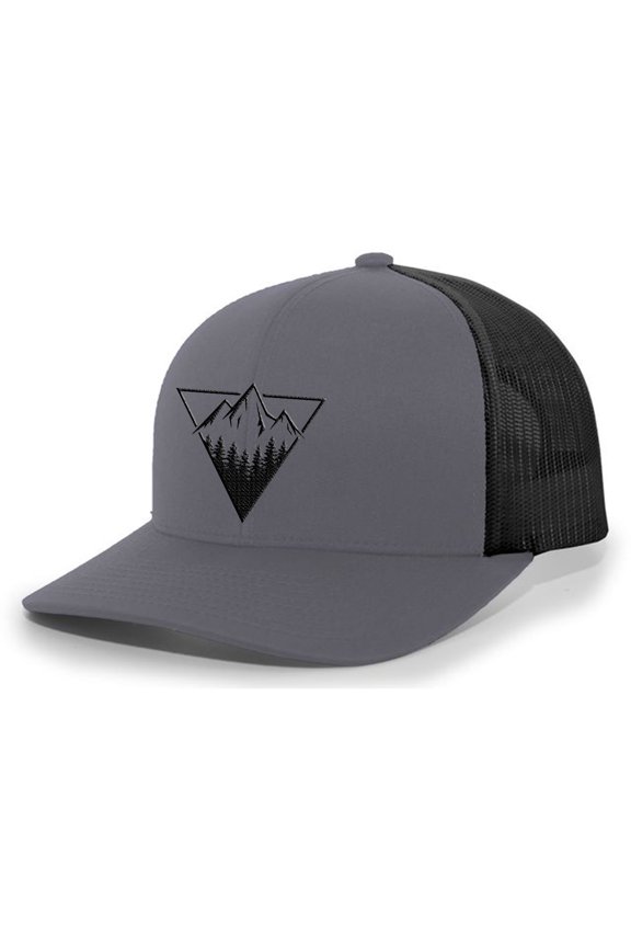 Men's Retro Geometric Triangle Mountain Outdoors Woodland Embroidered Mesh Back Trucker Hat, Charcoal/Black