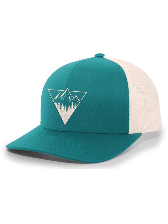 Men's Retro Geometric Triangle Mountain Outdoors Woodland Embroidered Mesh Back Trucker Hat, Teal/Beige