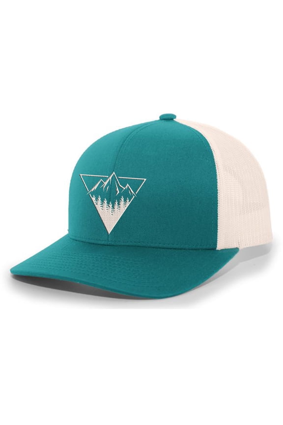 Men's Retro Geometric Triangle Mountain Outdoors Woodland Embroidered Mesh Back Trucker Hat, Teal/Beige