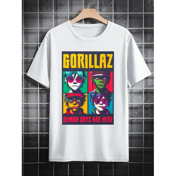 Men's Retro Graphic T-Shirt "GORILLAZ" Band Design with Vibrant Color Block, Casual Summer Short Sleeve Tee, Perfect Gift for Music Fans, Band T Shirts