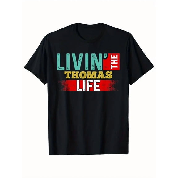 Men's Retro Graphic T-Shirt - Livin' The for THOMAS Life Vintage Tee - Black Shirt with Teal & Red Lettering - Regular Fit Crew Neck Casual Casual Attire - Machine Washable