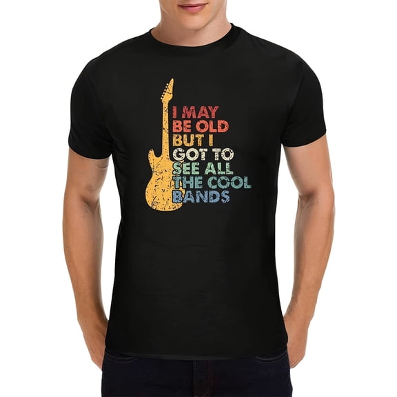 Men's Retro Guitar Print Black Cotton T-Shirt "I May Be Old But I Got To See All The Cool Bands" Vintage Rock N' Roll Style