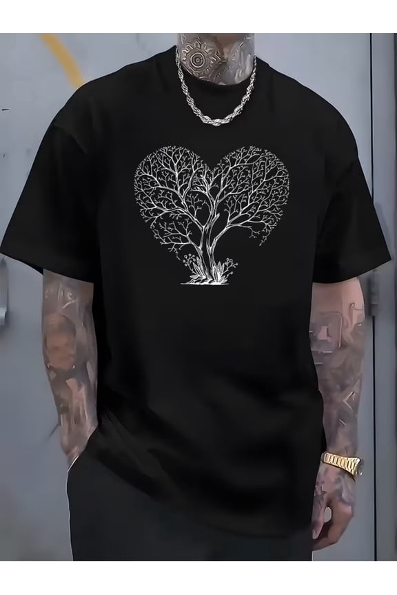 Men's Retro Heart Tree of Life Graphic T-Shirt Casual Black Short Sleeve Nature Inspired Artistic Tee