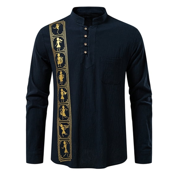 Men's Retro Henley Shirt Casual Long Sleeve Caftan Printed Casual Button Vintage Ethnic Beach Hawaiian T Shirt