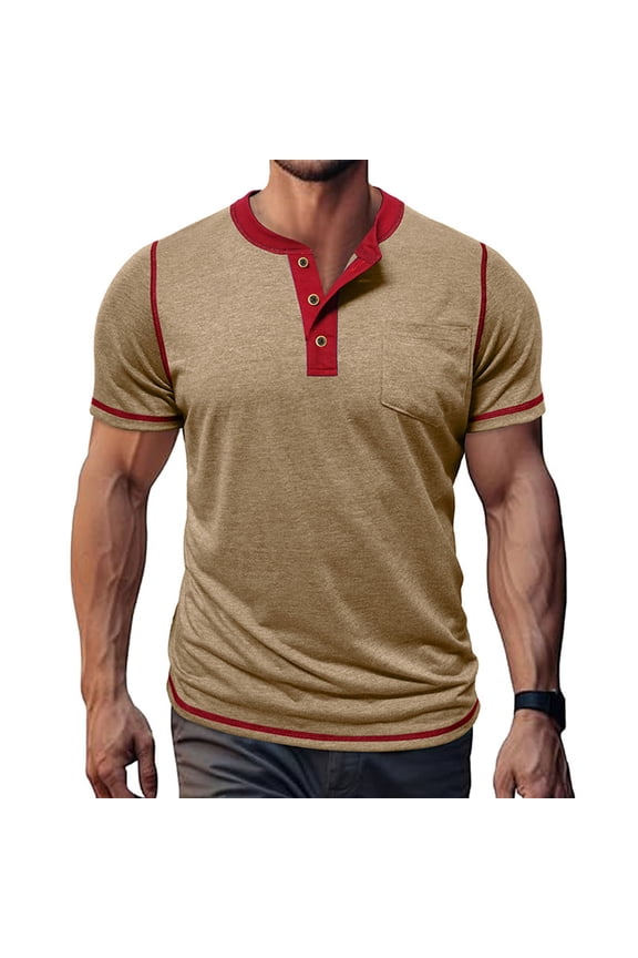 Men's Retro Henley Shirts Short Sleeve T Shirt for Man with Pocket Relaxed Summer Casual Classic Half Button Shirt