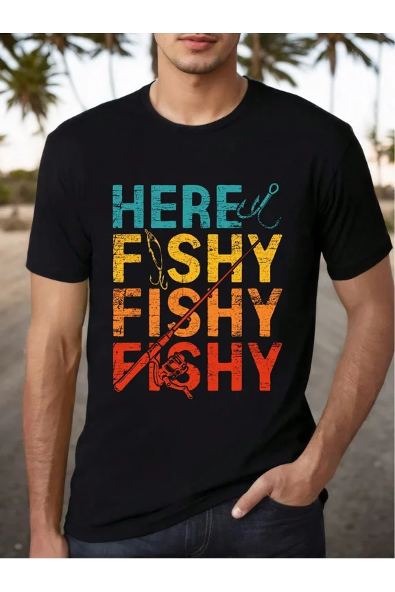 Men's Retro Here Fishy Fishy Fishy Graphic T-Shirt Funny Fishing Tee for Anglers