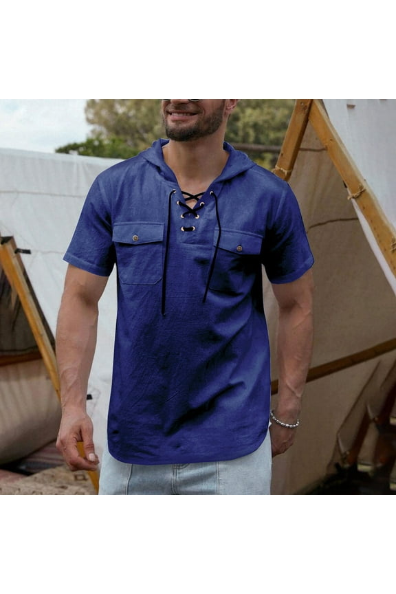 Men's Retro Hooded Linen Shirt Renaissance Medieval Gothic Short Sleeve Beach V-Neck Drawstring Yoga African Summer Top