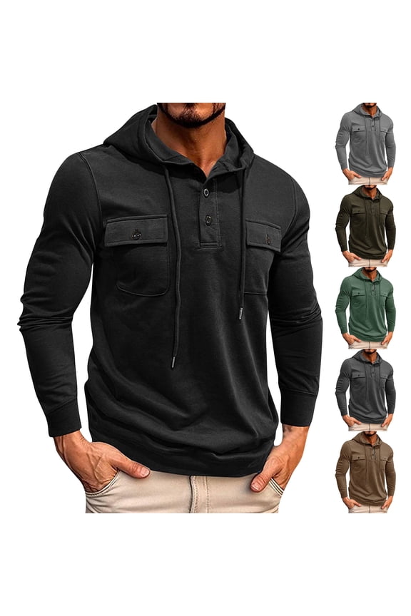 Men's Retro Hooded Sweatshirt, Workwear Style Casual Pullover with Long Sleeves, Fall Spring Base Layer Streetwear,Black,M