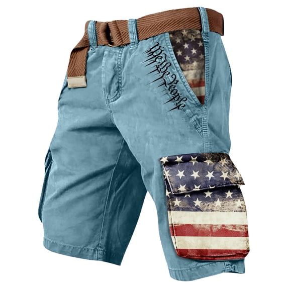 Men's Retro Independence Day Flag Print Cargo Shorts Distressed Washed with Pocket Shorts Outdoor Hiking Fishing Military Cargo Shorts We the People Patriotic Shorts,Blue 3XL
