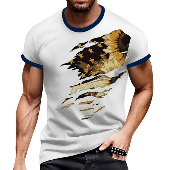 Men's Retro Independence Day Printed T-Shirt, Breathable Cotton Blend for Outdoor Sports and Casual Outings ,Blue L