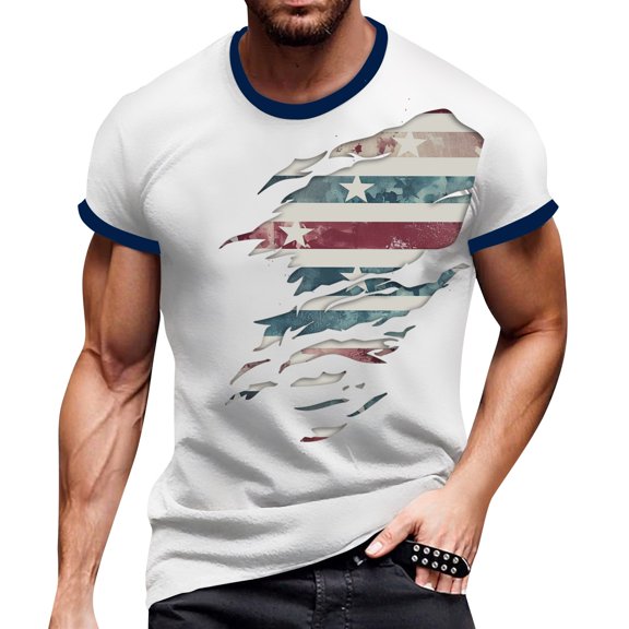 Men's Retro Independence Day Printed T-Shirt, Breathable Cotton Blend for Outdoor Sports and Casual Outings ,Light Blue S