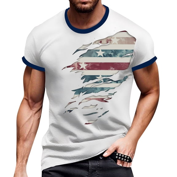 Men's Retro Independence Day Printed T-Shirt, Breathable Cotton Blend for Outdoor Sports and Casual Outings ,Light Blue XL