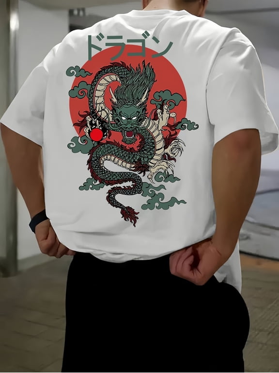 Men’s Retro Japanese Dragon Graphic T‑Shirt, Casual Short Sleeve Tee with Back Print, Comfortable Streetwear Fashion Top for Daily Wear
