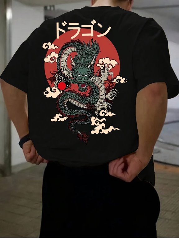 Men’s Retro Japanese Dragon Graphic T‑Shirt, Casual Short Sleeve Tee with Back Print, Comfortable Streetwear Fashion Top for Daily Wear