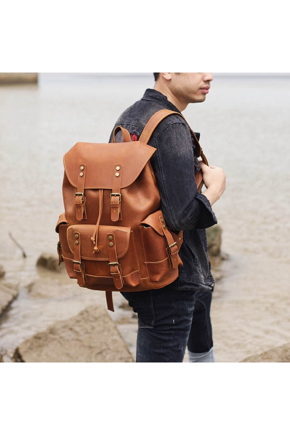 Men's Retro Large Capacity First Layer Cowhide Backpack,Brown