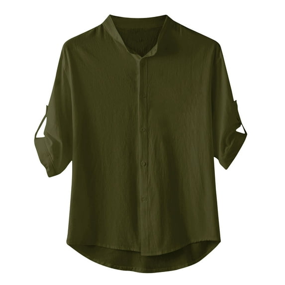 Mens Cotton Linen Casual Stylish Button Down Shirt Mens Casual Linen Shirts 3/4 Sleeve Button Down Banded Collar Summer Beach Shirt Regular-Fit Lightweight Yoga Tunic Tops Loose Fit Retro Tees Shirt