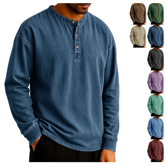 Men's Retro Long Sleeve Shirts Regular Fit Casual V Neck Distressed Shirt Lightweight Autumn Fashion Pullover Tops Big&Tall Dark Blue L