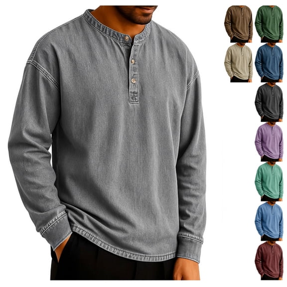 Men's Retro Long Sleeve Shirts Regular Fit Casual V Neck Distressed Shirt Lightweight Autumn Fashion Pullover Tops Big&Tall Gray 3XL