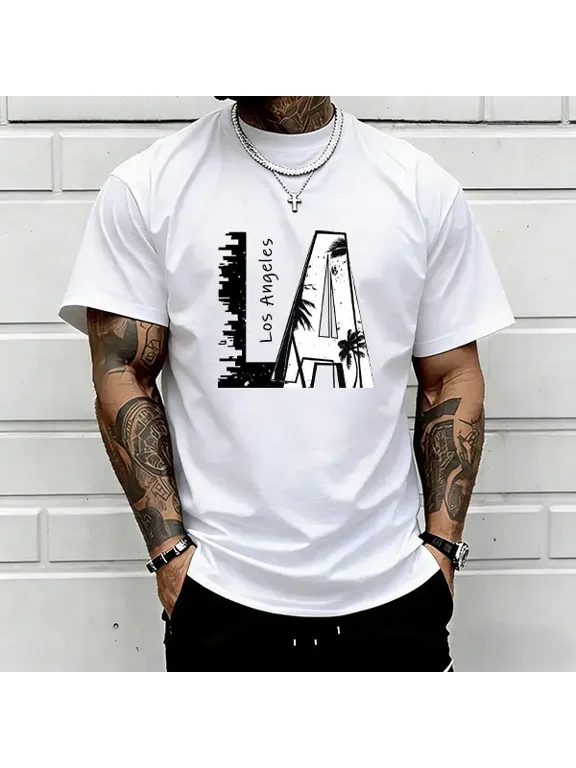 Men's Retro Los Angeles Letter Print T-Shirt, LA City Skyline Graphic Tee, Casual Round Neck Short Sleeve Top,Men Streetwear