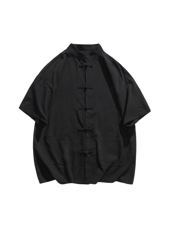 Men's Retro Mandarin Collar Chinese Frog Button Shirts Short Sleeve Tang Suit Shirt Traditional Kung Fu Uniform