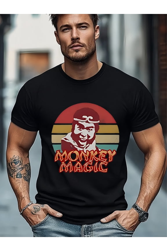 Men's Retro Monkey Magic TV Show T-Shirt - 80s Nostalgia Cartoon Print with Thumbs Up Monkey & Logo, Soft Wrinkle-Resistant Polyester, Casual Short Sleeve Tee S-XXL(Black