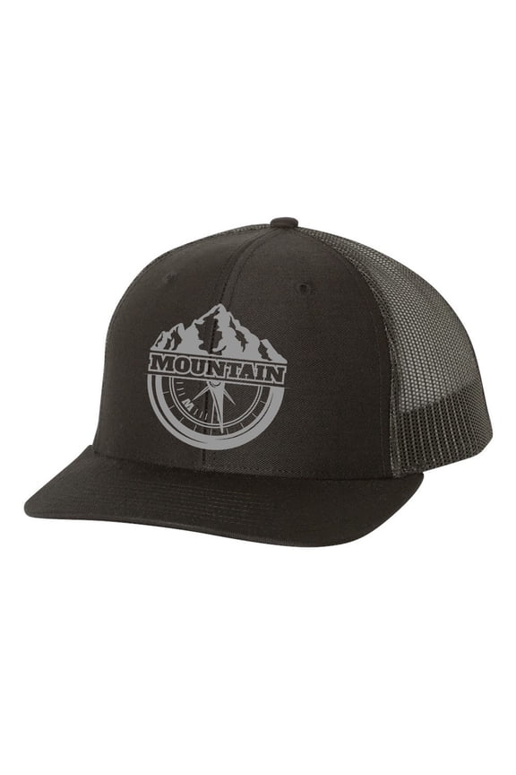 Men's Retro Mountain Compass Outdoors Woodland Embroidered Mesh Back Trucker Hat, Black/Black