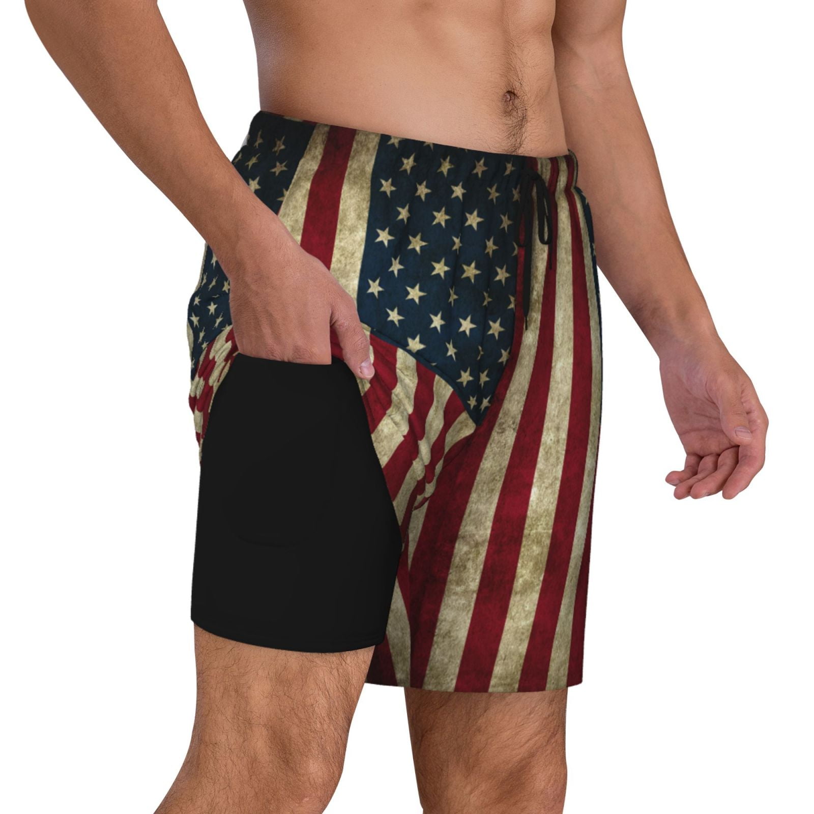 Men's Retro Old America Flag Swim Trunks with Compression Liner Bathing Suit Swimwear
