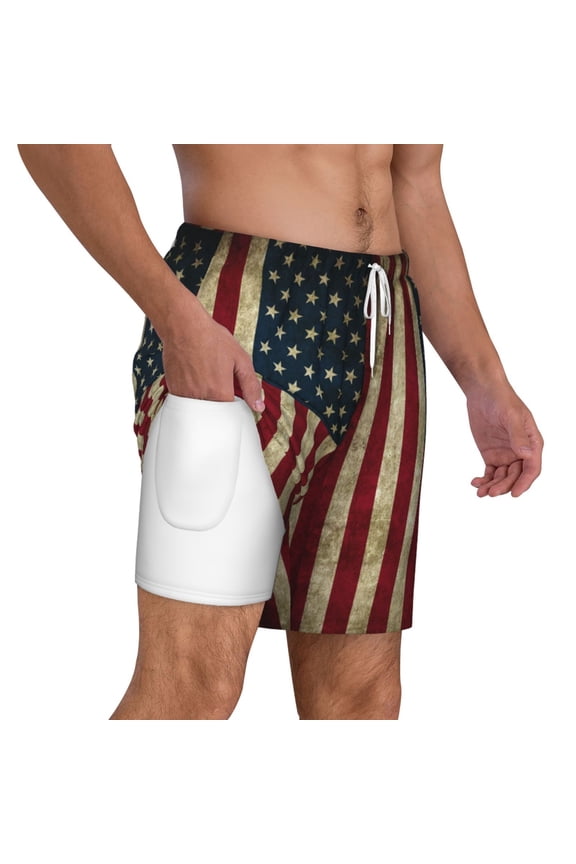 Men's Retro Old America Flag Swim Trunks with Compression Liner Bathing Suit Swimwear