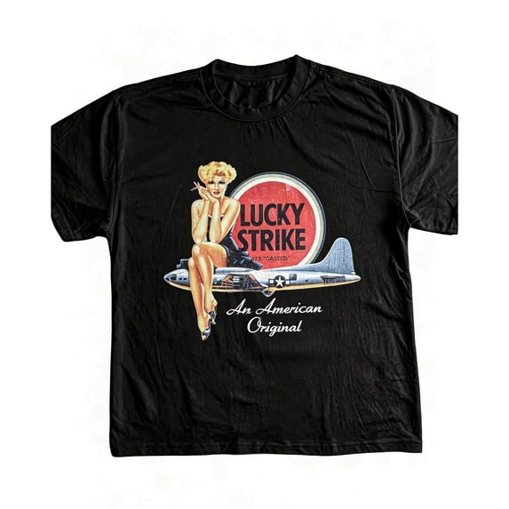 Men's Retro Pin Up Airplane Graphic T-Shirt Cotton Black Short Sleeve Crewneck Oversized