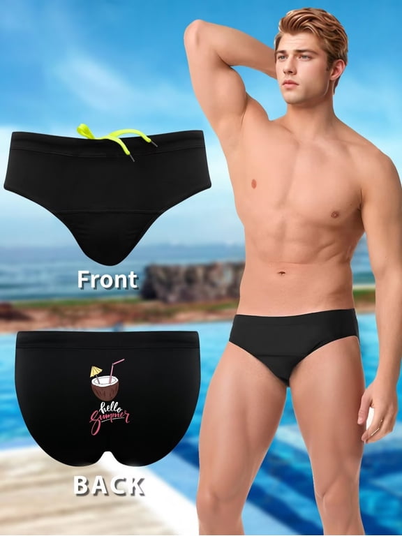 Men's Retro Print Brief Swimwear - Low Waist Design Beach Vacation Swimsuit