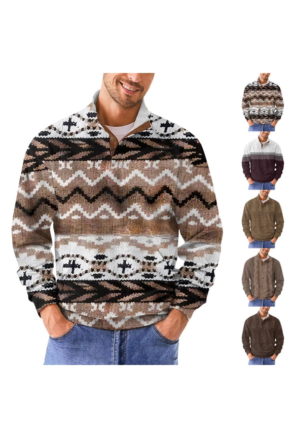 Men's Retro Print Corduroy Henley Collar Wavy Stripe Sweatshirt, Casual Outdoor Pullover Top, Fall Spring Unique Style,Brown,2XL