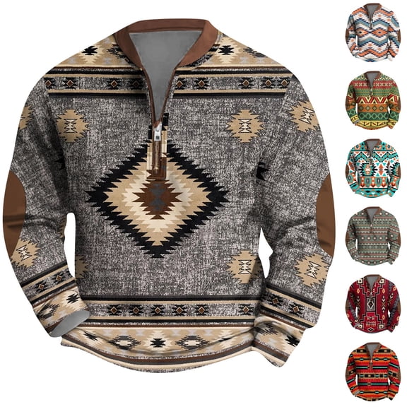 Men's Retro Print V-Neck Zip Up Sweatshirt, Casual Long Sleeve Fleece Jacket, Vintage Style Top for Streetwear, Christmas, Fall Winter, Daily Comfort and Outings,Vermilion,L