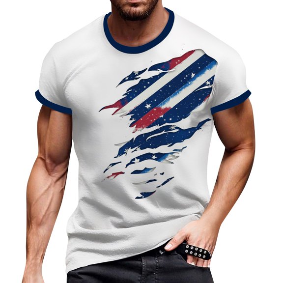Men's Retro Raglan Polo Shirt, Three-Button Design with Patriotic Flag Print for Casual and Semi-Formal Occasions ,Dark Blue L