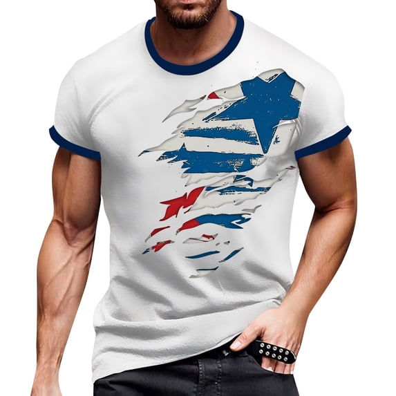 Men's Retro Raglan Polo Shirt, Three-Button Design with Patriotic Flag Print for Casual and Semi-Formal Occasions ,Navy M