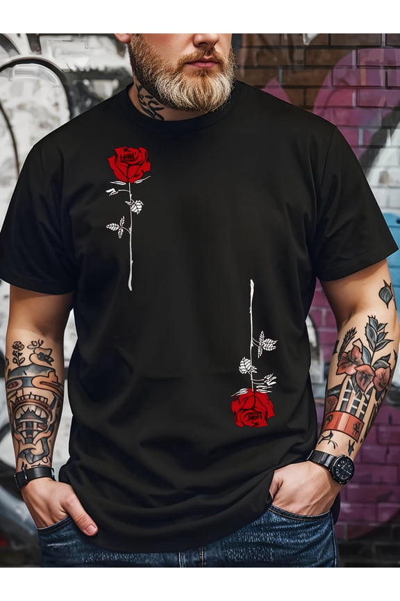 Men's Retro Red Rose Graphic T-Shirt Casual Black Short Sleeve Streetwear Tee Vintage Floral Print Fashion Top