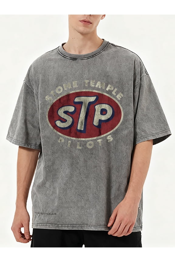 Men's Retro STP Stone Temple Pilots Pattern T-Shirt - Casual Breathable Cotton, Short Sleeve, Loose Fit, Retro Band Logo Design, Perfect Gift for Music Fans, Rock T-Shirt Washed Printed T-shirts