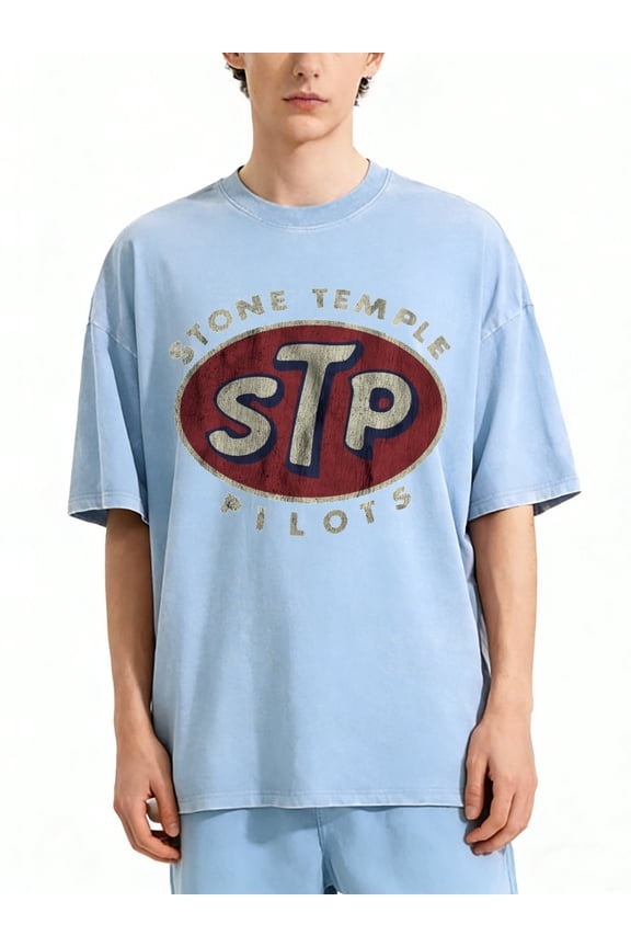 Men's Retro STP Stone Temple Pilots Pattern T-Shirt - Casual Breathable Cotton, Short Sleeve, Loose Fit, Retro Band Logo Design, Perfect Gift for Music Fans, Rock T-Shirt Washed Printed T-shirts