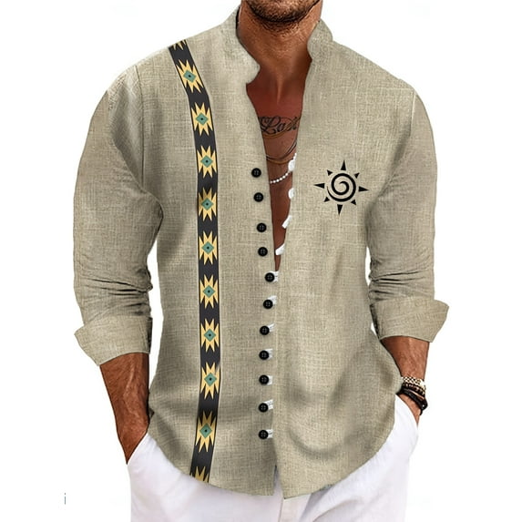 Men's Retro Shirt Vintage Style Stand Collar Long Sleeve Shirts Fashion Native Pattern Button Blouse Hawaiian Beach Top Beige A XXL