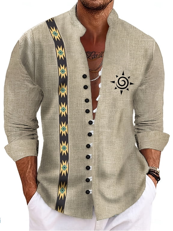 Men's Retro Shirt Vintage Style Stand Collar Long Sleeve Shirts Fashion Native Pattern Button Blouse Hawaiian Beach Top Beige A XXL