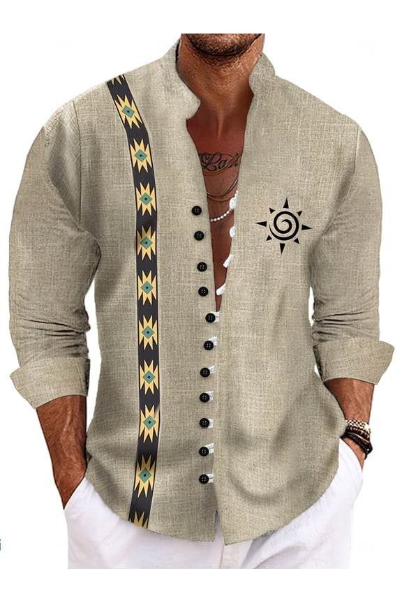 Men's Retro Shirt Vintage Style Stand Collar Long Sleeve Shirts Fashion Native Pattern Button Blouse Hawaiian Beach Top Beige A XXL